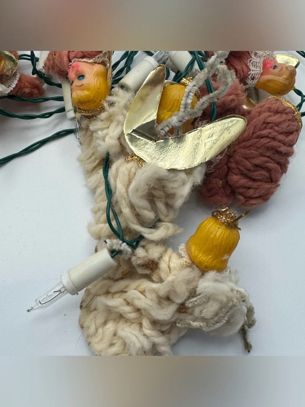 Vintage Made in Japan Angel Christmas String Lights Spun Yarn Rubber Doll Head